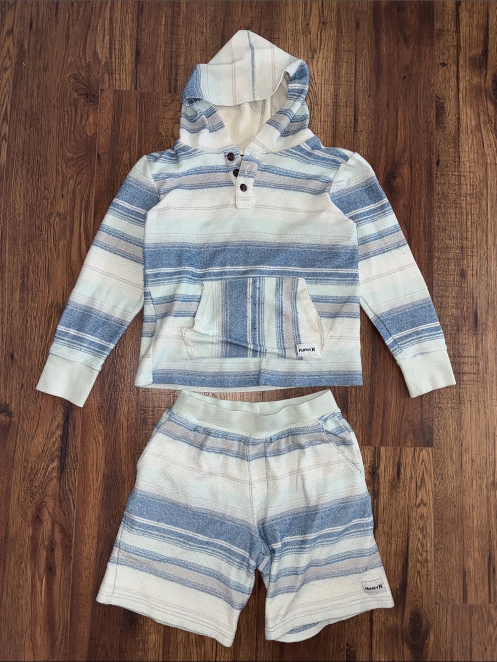 Hurley M Blue and White Striped Kids Hoodie & Shorts Set beach